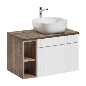 Enkele wastafel 80cm 2 nissen Zelie Wit en Hout Enkele wastafel 80cm 2 nissen Zelie Wit en Hout