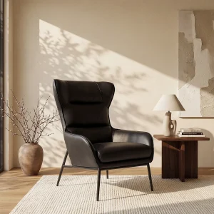 Fauteuil van zwart buffelleder met eigentijdse stijl met stiksels DINNIA Fauteuil van zwart buffelleder met eigentijdse stijl met stiksels DINNIA
