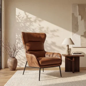 Fauteuil van camelkleurig buffelleder met eigentijdse stijl met stiksels DINNIA Fauteuil van camelkleurig buffelleder met eigentijdse stijl met stiksels DINNIA