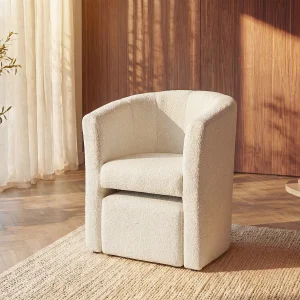 Tijdloos klassieke fauteuil met holle rugleuning en poef in witte boucléstof – JOVANA Tijdloos klassieke fauteuil met holle rugleuning en poef in witte boucléstof – JOVANA