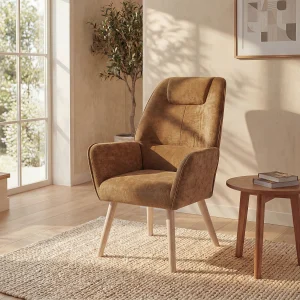 Vaste fauteuil van camelkleurige stof. Scandinavische stijl. OSIMO Vaste fauteuil van camelkleurige stof. Scandinavische stijl. OSIMO