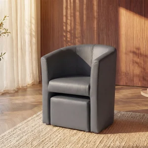 Tijdloos klassieke fauteuil met holle rugleuning en poef in grijs kunstleer – JOVANA Tijdloos klassieke fauteuil met holle rugleuning en poef in grijs kunstleer – JOVANA