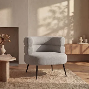 Fauteuil van grijze stof met poten van metaal met design-stijl CAMEDO Fauteuil van grijze stof met poten van metaal met design-stijl CAMEDO