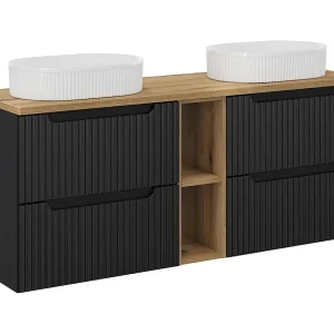 Dubbele wastafel 140cm 4 laden 2 nissen Riva Zwart en Hout