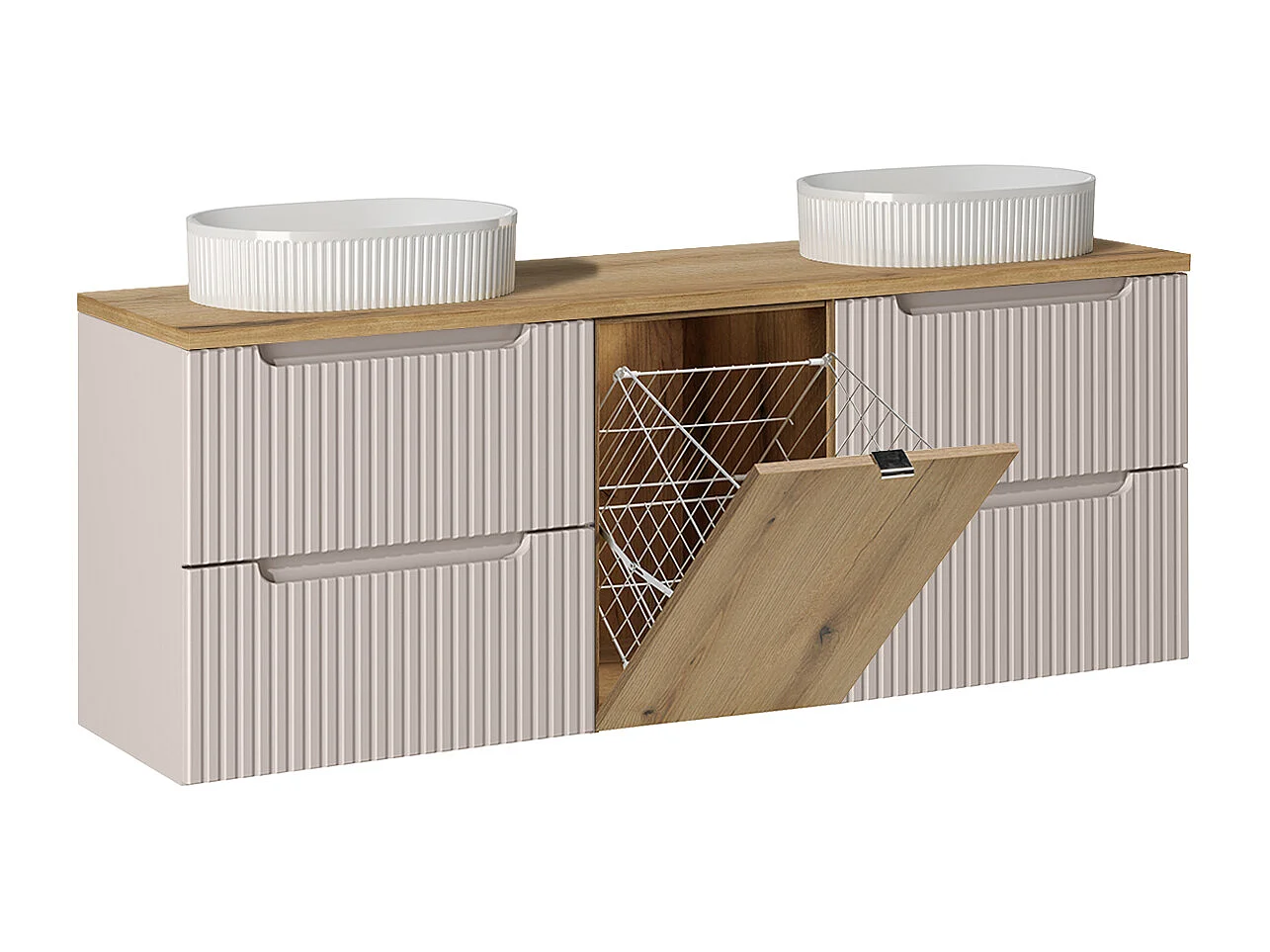 Dubbele wastafel 160cm Riva Kasjmier Eik met wasmand