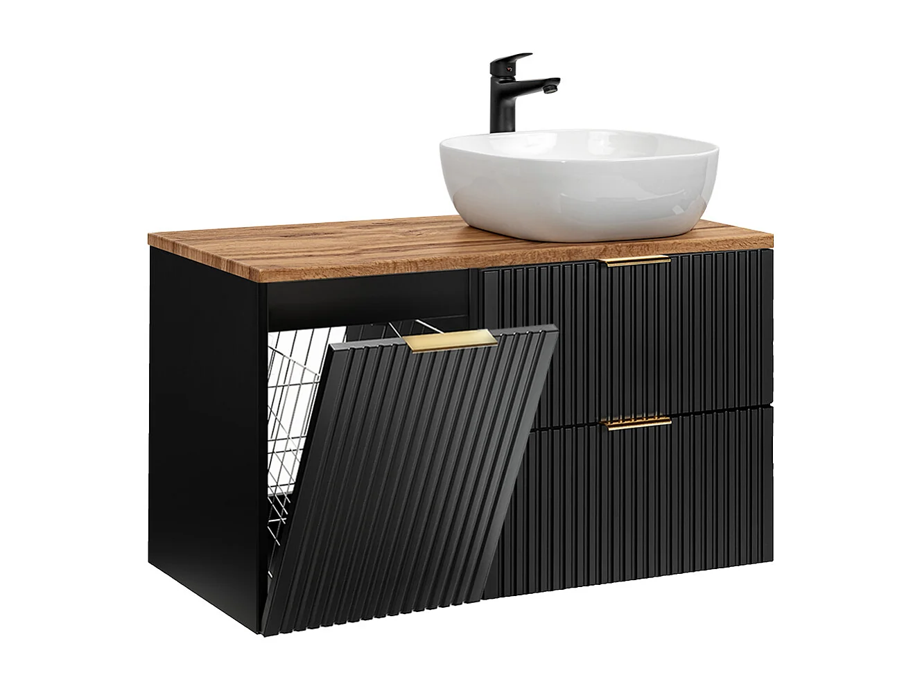 Enkele wastafel 100cm Adriel Zwart en Hout Wasmand