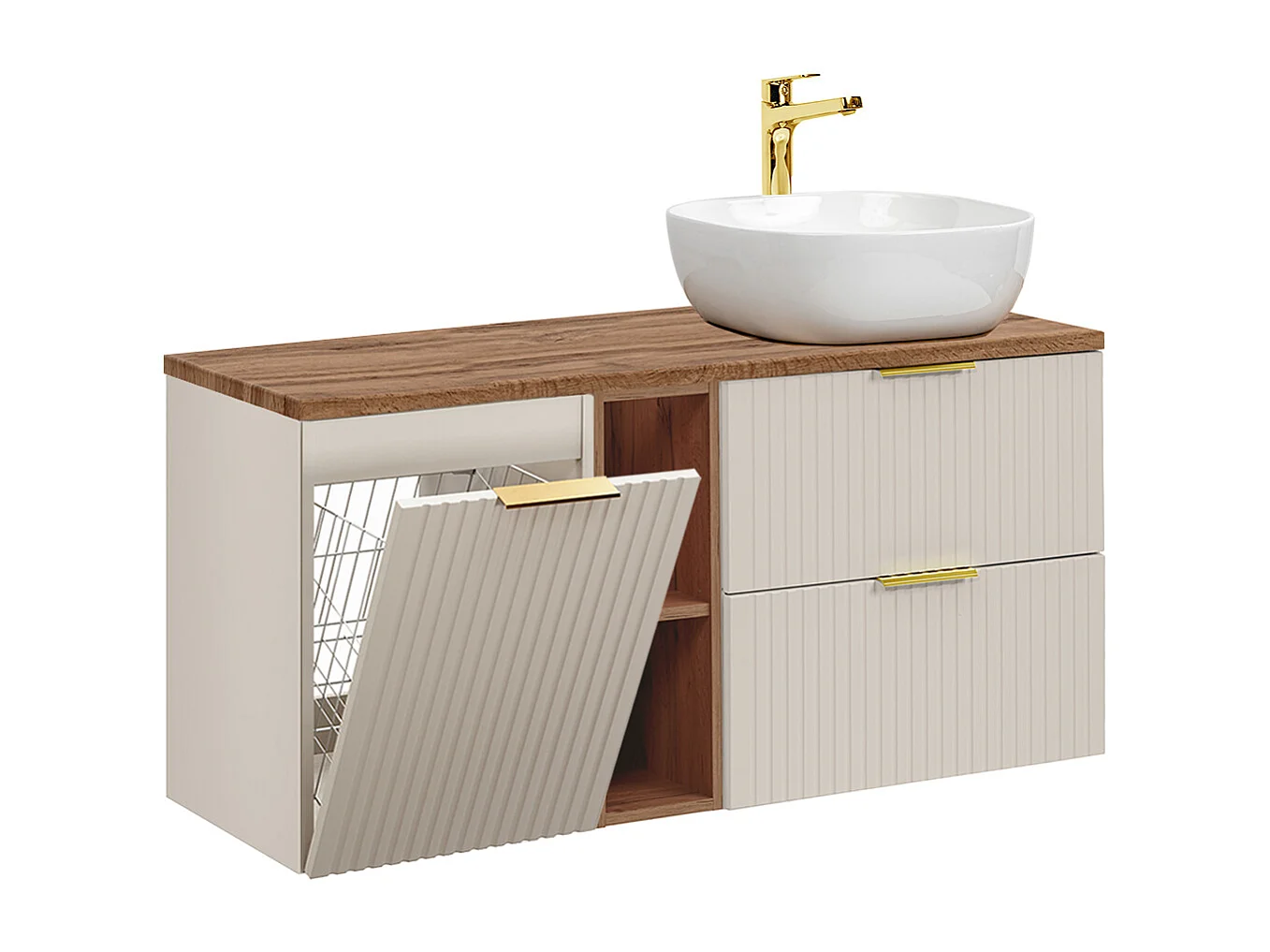Enkele wastafel 120cm 2 nissen wasmand Adriel Kasjmier en Hout