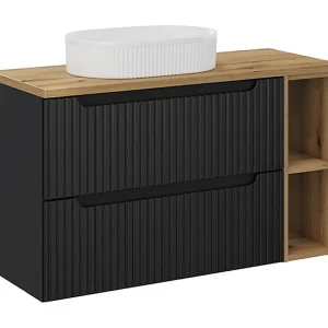 Enkele wastafel 100cm 2 laden 2 nissen Riva Zwart en Hout Enkele wastafel 100cm 2 laden 2 nissen Riva Zwart en Hout