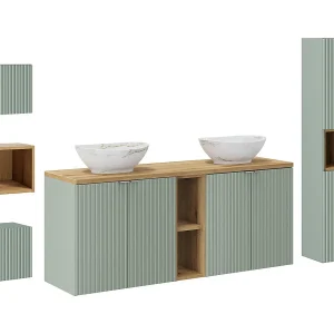 Dubbele wastafel 140cm 4 deuren 2 nissen en 3 bovenkasten Jade Groen en Hout Dubbele wastafel 140cm 4 deuren 2 nissen en 3 bovenkasten Jade Groen en Hout