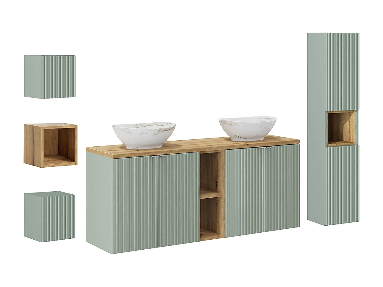 Dubbele wastafel 140cm 4 deuren 2 nissen en 3 bovenkasten Jade Groen en Hout