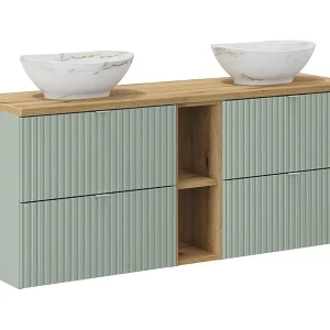 Dubbele wastafel 140cm 4 lades 2 nissen Jade Groen en Hout