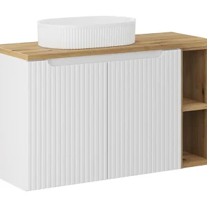 Enkele wastafel 100cm 2 deuren 2 nissen Riva Wit en Hout Enkele wastafel 100cm 2 deuren 2 nissen Riva Wit en Hout