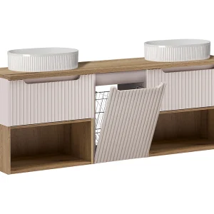 Dubbele wastafel 160cm Riva Kasjmier Eik met wasmand nissen Dubbele wastafel 160cm Riva Kasjmier Eik met wasmand nissen