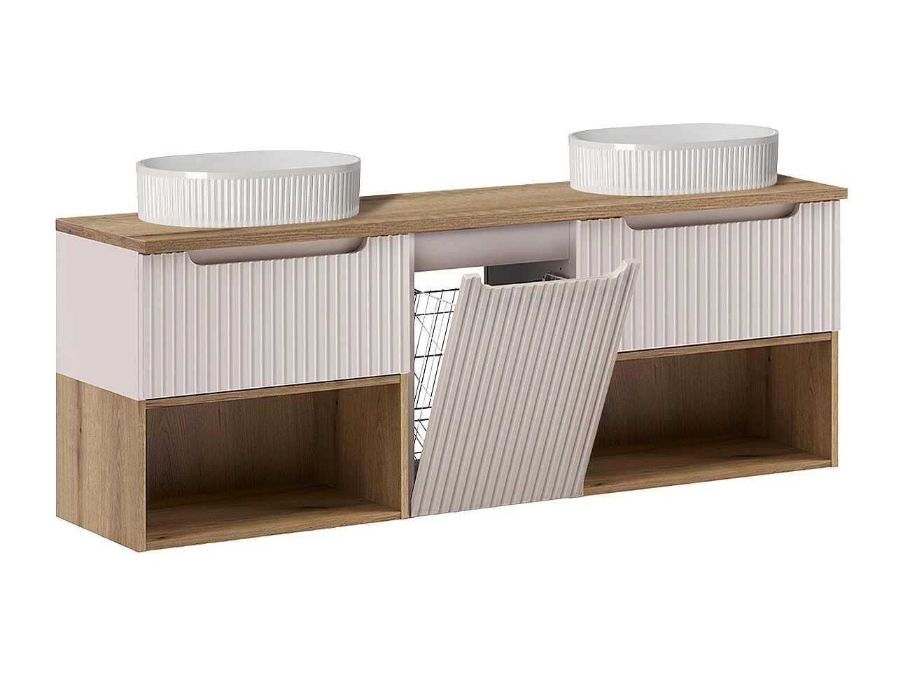 Dubbele wastafel 160cm Riva Kasjmier Eik met wasmand nissen