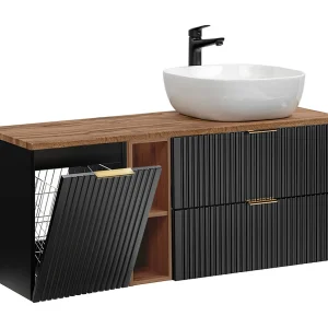 Enkele wastafel 140cm 2 nissen wasmand Adriel Zwart en Hout Enkele wastafel 140cm 2 nissen wasmand Adriel Zwart en Hout