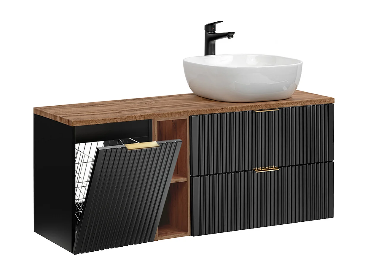 Enkele wastafel 140cm 2 nissen wasmand Adriel Zwart en Hout