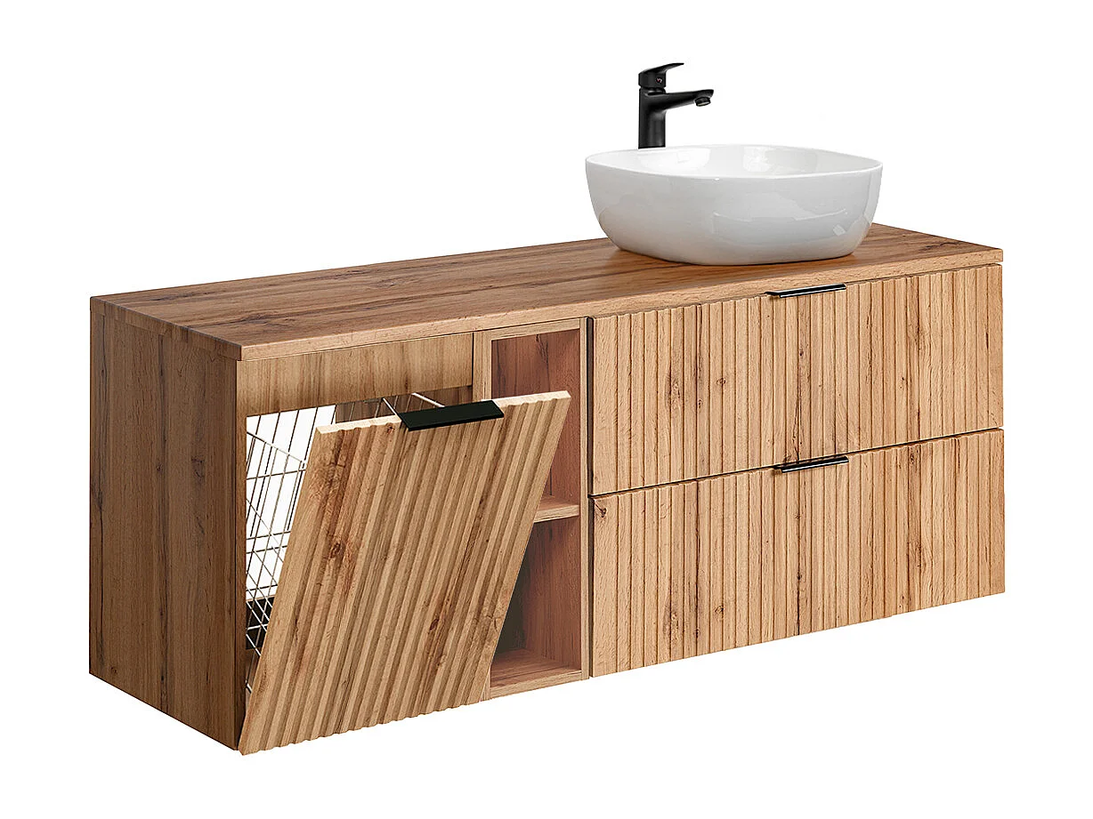 Enkele wastafel 140cm 2 nissen wasmand Adriel Wood