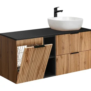 Enkele wastafel 120cm 2 nissen wasmand Adriel Hout en Zwart Enkele wastafel 120cm 2 nissen wasmand Adriel Hout en Zwart