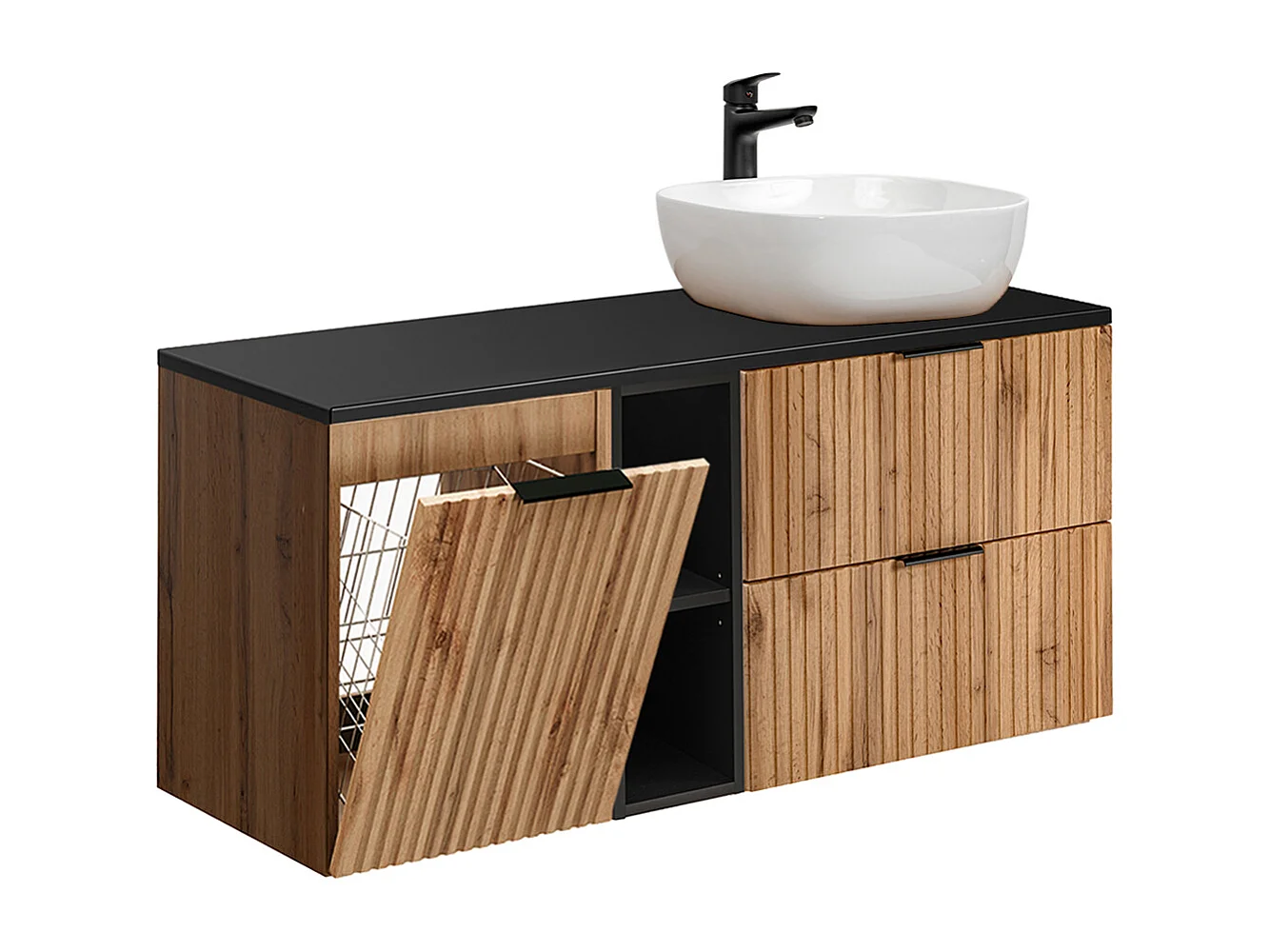 Enkele wastafel 120cm 2 nissen wasmand Adriel Hout en Zwart