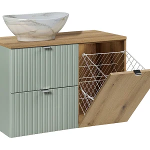 Enkele wastafel 90cm Jade Groen en Hout met wasmand Enkele wastafel 90cm Jade Groen en Hout met wasmand