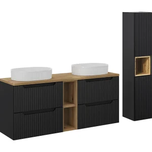 Dubbele wastafel 140cm 4 laden 2 nissen en kolom Riva Zwart en Hout