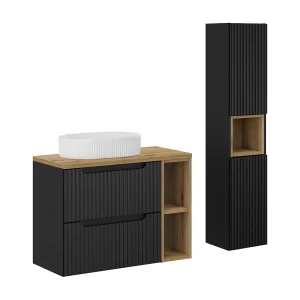 Enkele wastafel 80cm 2 laden 2 nissen en kolom Riva Zwart en Hout