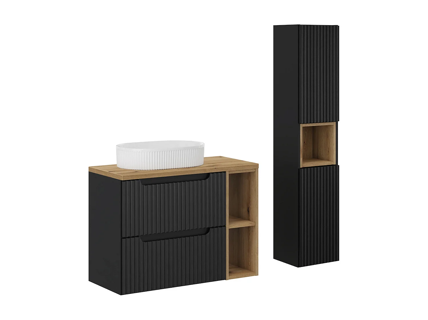 Enkele wastafel 80cm 2 laden 2 nissen en kolom Riva Zwart en Hout