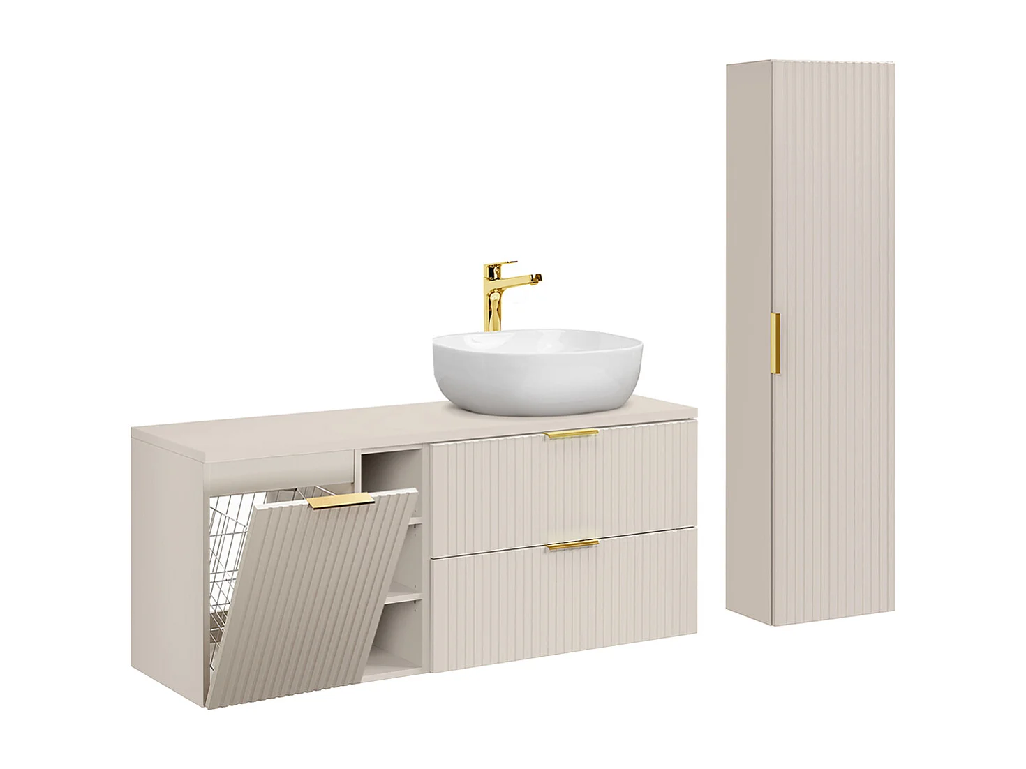 Enkele wastafel 140cm 3 nissen wasmand en sokkel Adriel Cachemire