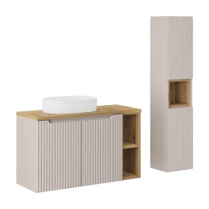 Ensemble meuble simple vasque 100cm 2 portes 2 niches et colonne Riva Kasjmier en Hout