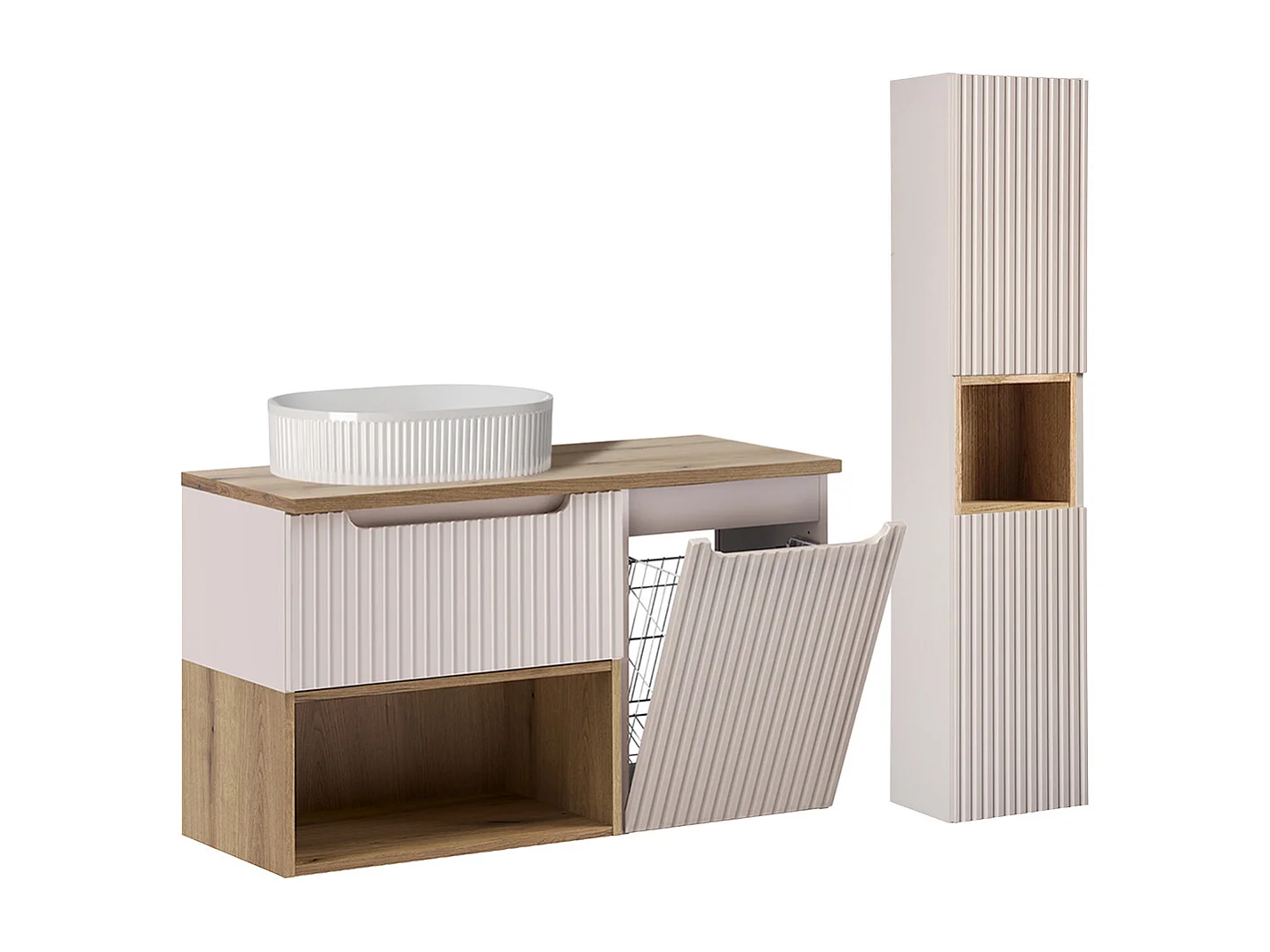 Ensemble badmeubel enkele wastafel 100cm wasmand en kolom Riva Kasjmier en Hout