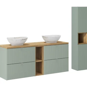 Dubbele wastafel 140cm 4 laden 2 nissen en kolom Jade Groen en Hout