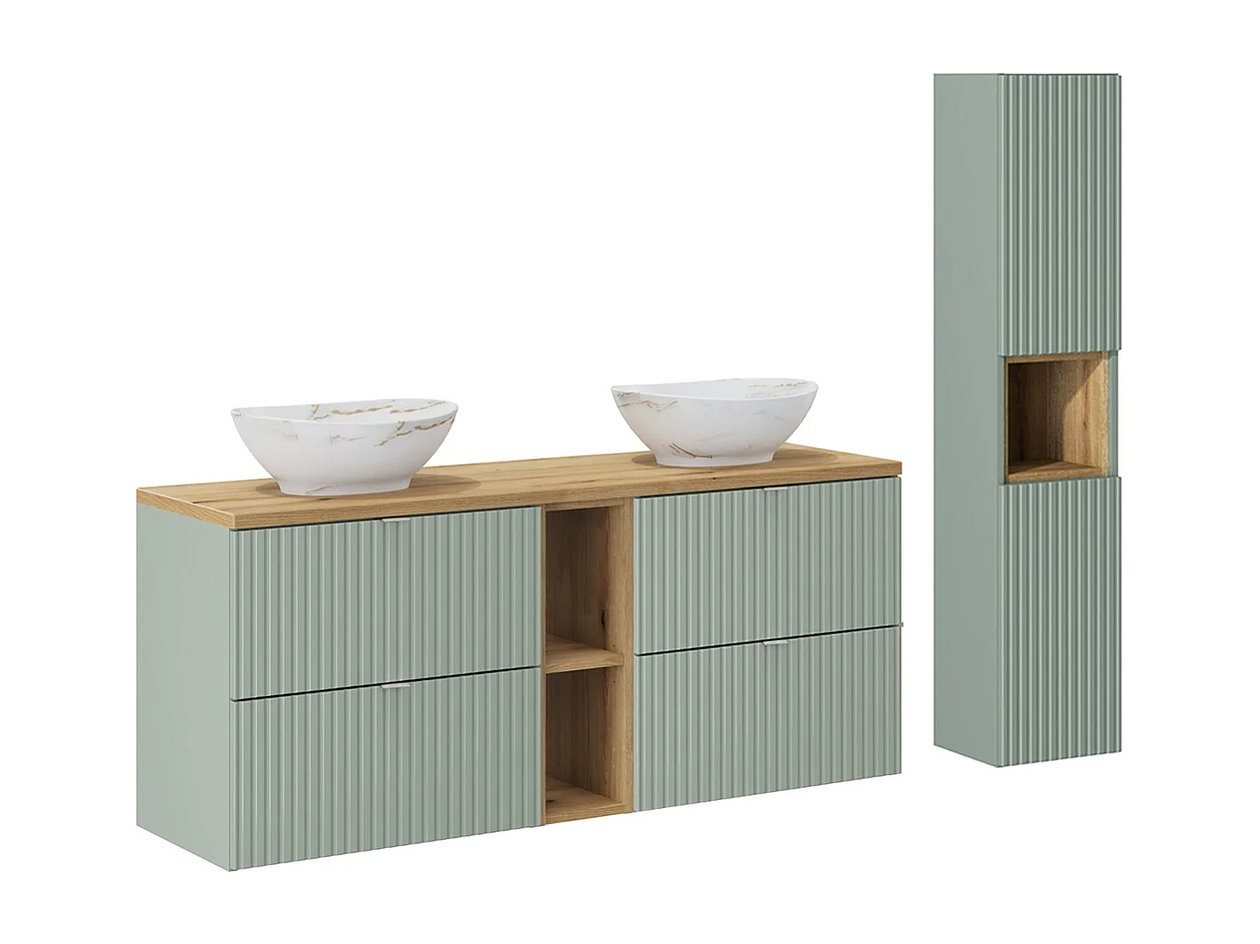 Dubbele wastafel 140cm 4 laden 2 nissen en kolom Jade Groen en Hout