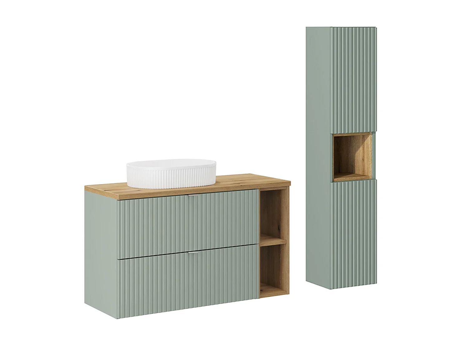 Enkele wastafel 100cm 2 laden 2 nissen en kolom Jade Groen en Hout
