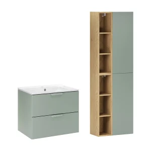 Ensemble meuble simple vasque encastrée 60cm et colonne Oria Vert mat Ensemble meuble simple vasque encastrée 60cm et colonne Oria Vert mat