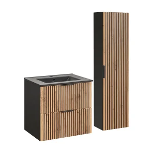 Ensemble meuble simple vasque encastrée 60cm en kolom Gaia Hout en Zwart Zwarte wastafel Ensemble meuble simple vasque encastrée 60cm en kolom Gaia Hout en Zwart Zwarte wastafel