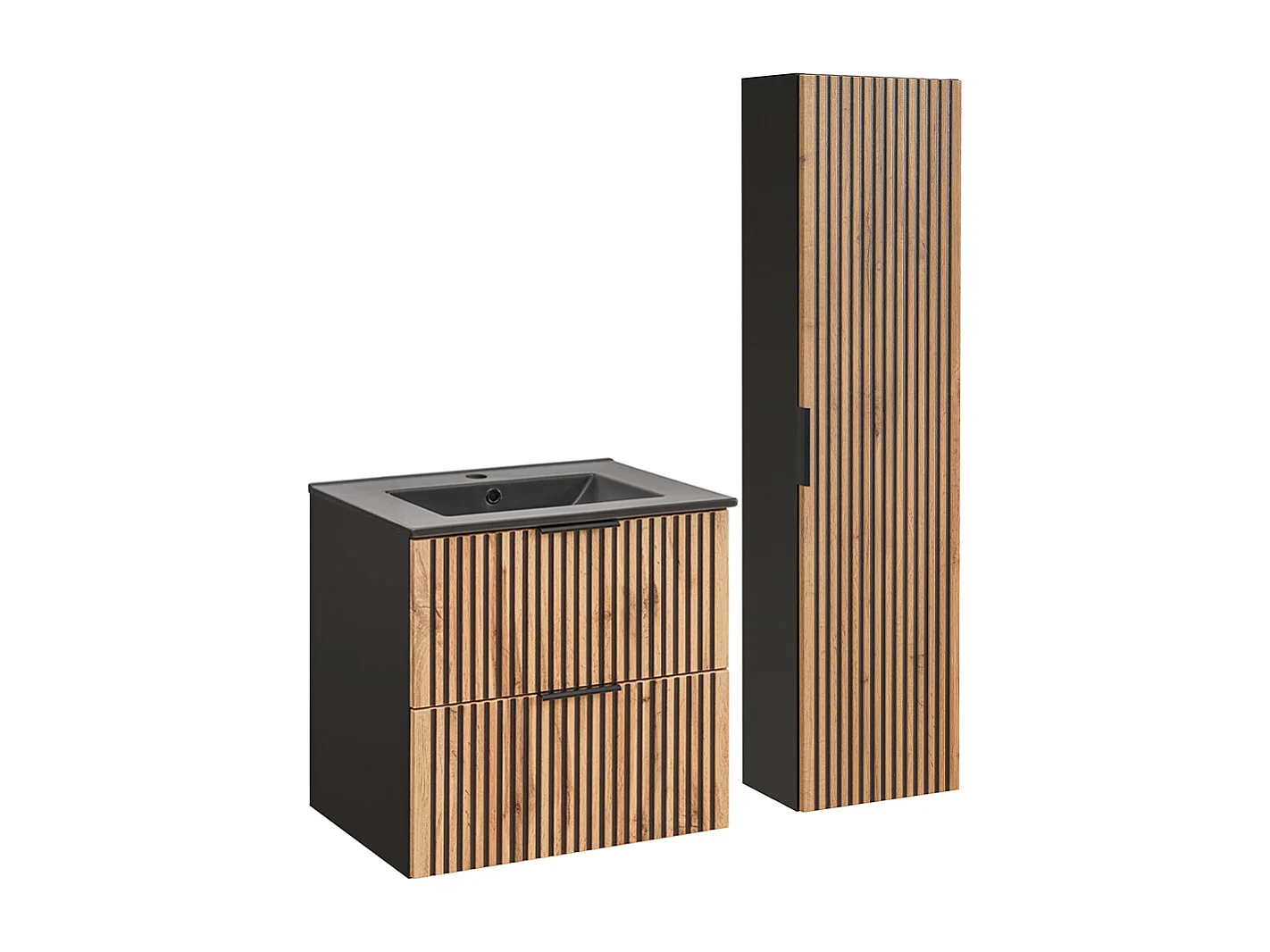 Ensemble meuble simple vasque encastrée 60cm en kolom Gaia Hout en Zwart Zwarte wastafel