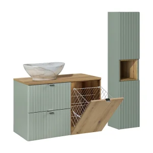 Enkele wastafel 90cm Jade Groen Eik met wasmand en kolom Enkele wastafel 90cm Jade Groen Eik met wasmand en kolom