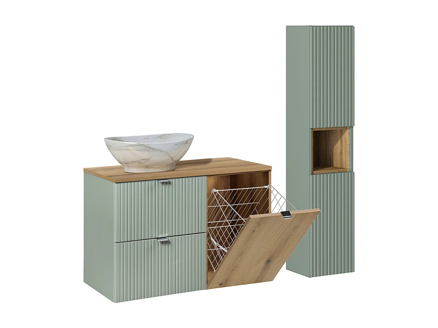Enkele wastafel 90cm Jade Groen Eik met wasmand en kolom