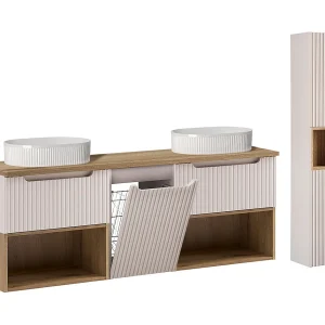 Dubbele wastafel 160cm Riva Kasjmier Eik met wasmand nissen en kolom Dubbele wastafel 160cm Riva Kasjmier Eik met wasmand nissen en kolom