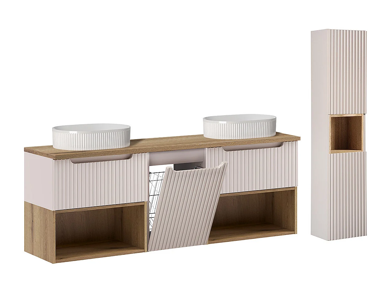 Dubbele wastafel 160cm Riva Kasjmier Eik met wasmand nissen en kolom