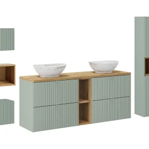 Dubbele wastafel 140cm 4 laden 2 nissen en 3 hangkasten Jade Groen en Hout
