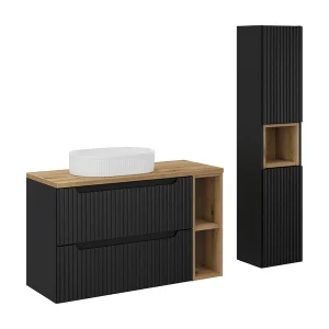 Enkele wastafel 100cm 2 laden 2 nissen en kolom Riva Zwart en Hout Enkele wastafel 100cm 2 laden 2 nissen en kolom Riva Zwart en Hout