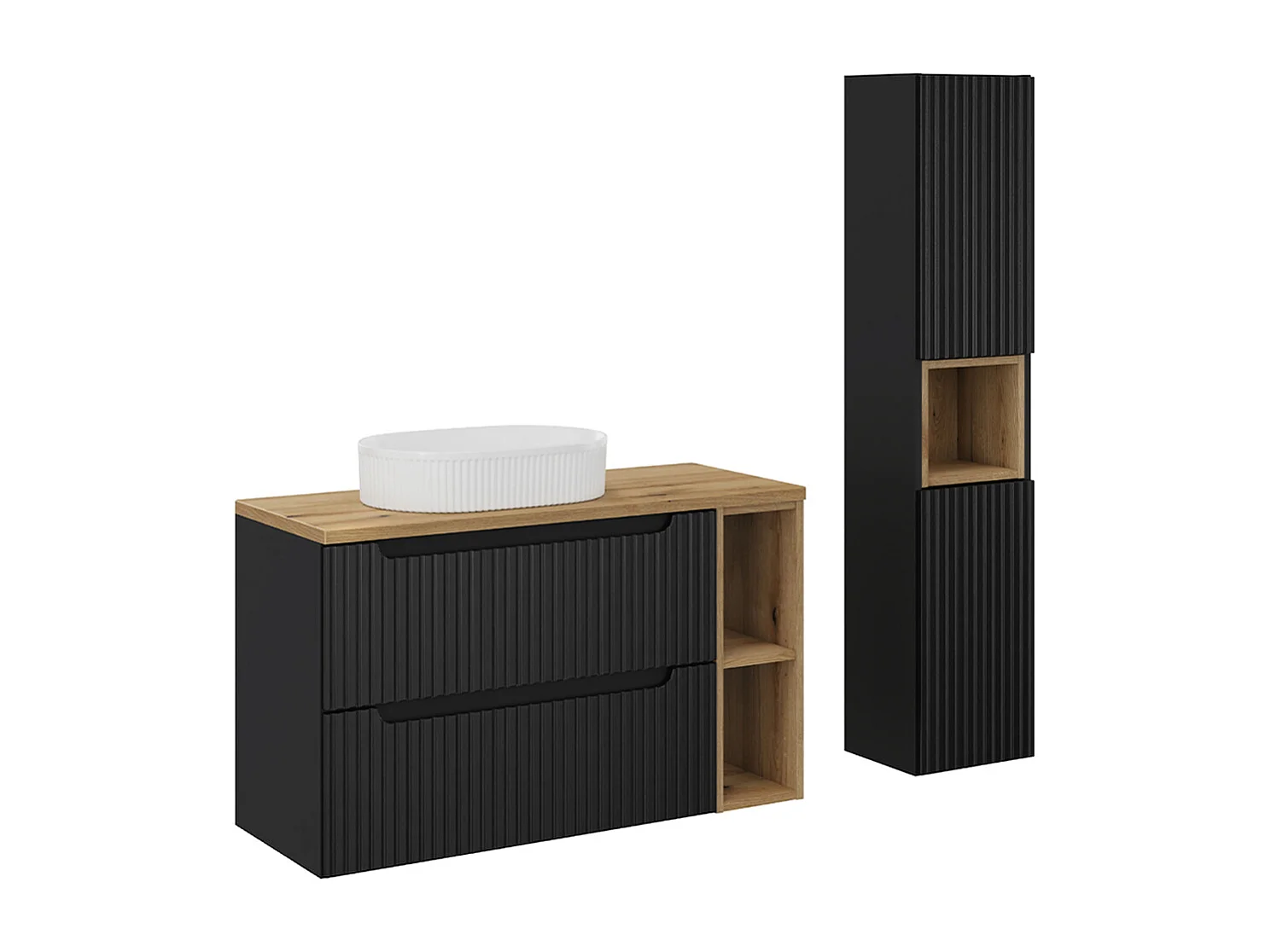 Enkele wastafel 100cm 2 laden 2 nissen en kolom Riva Zwart en Hout