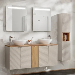 Dubbele wastafel 140cm 5 deuren met LED spiegels en Manoa Cashmere en Wood hoge kast Dubbele wastafel 140cm 5 deuren met LED spiegels en Manoa Cashmere en Wood hoge kast