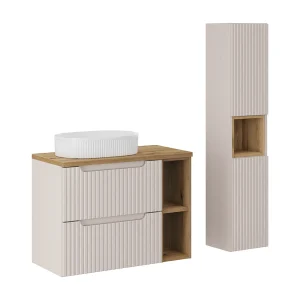 Ensemble meuble simple vasque 80cm 2 tiroirs 2 niches et colonne Riva Kasjmier en Hout Ensemble meuble simple vasque 80cm 2 tiroirs 2 niches et colonne Riva Kasjmier en Hout