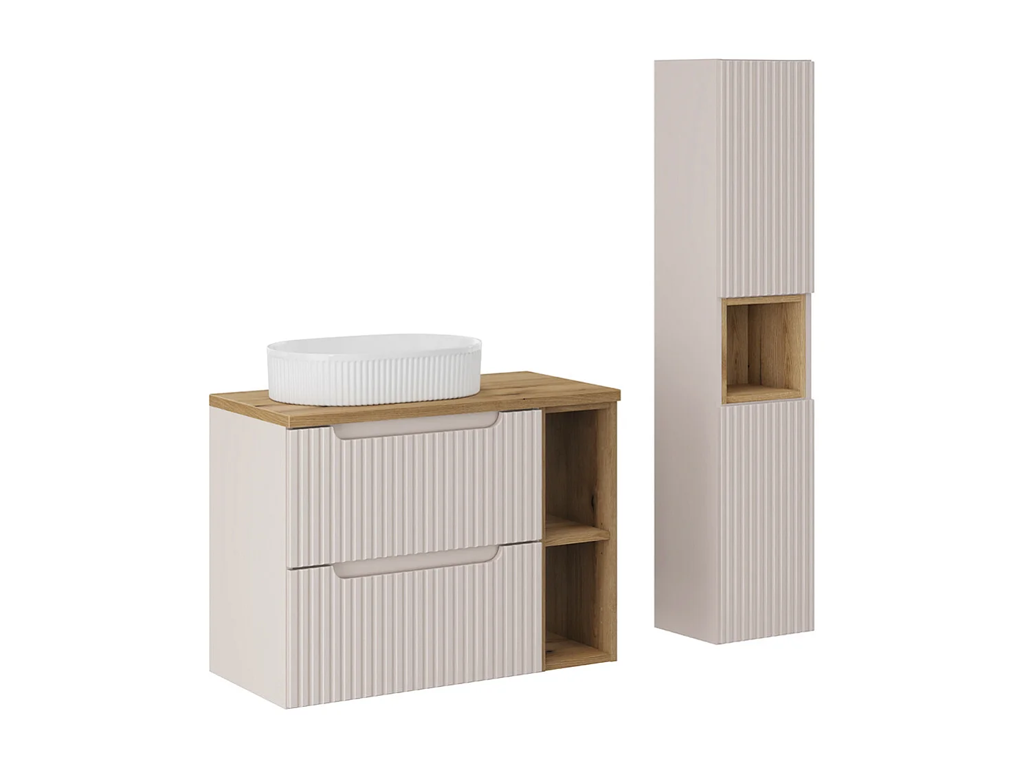 Ensemble meuble simple vasque 80cm 2 tiroirs 2 niches et colonne Riva Kasjmier en Hout