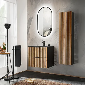 Ensemble meuble simple vasque encastrée 60cm miroir LED en kolom Gaia Hout en Zwart Zwarte wastafel Ensemble meuble simple vasque encastrée 60cm miroir LED en kolom Gaia Hout en Zwart Zwarte wastafel