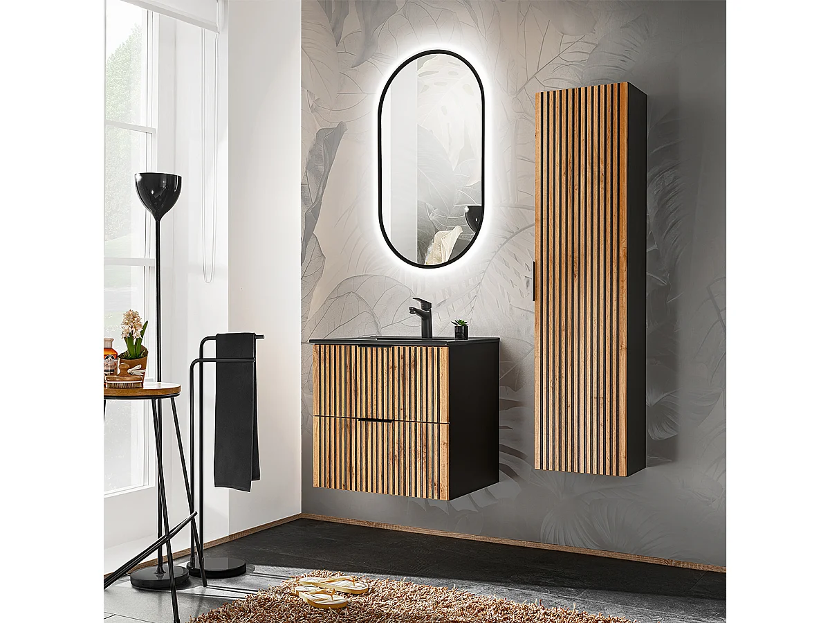 Ensemble meuble simple vasque encastrée 60cm miroir LED en kolom Gaia Hout en Zwart Zwarte wastafel