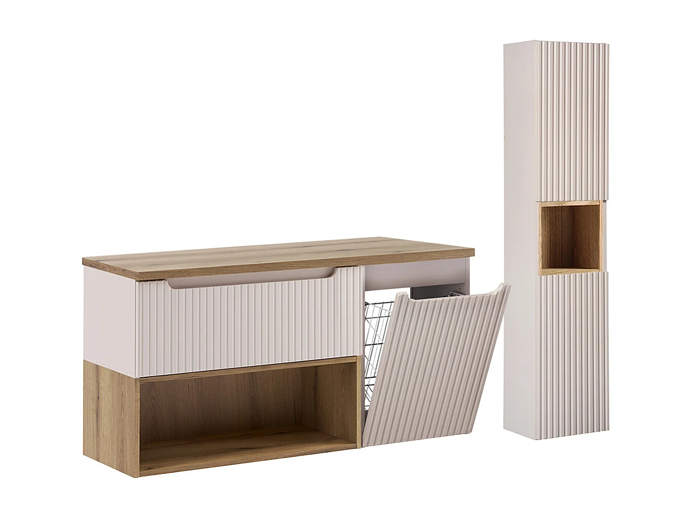 Ensemble onderbouw wastafel 120cm wasmand en kolom Riva Kasjmier en Hout