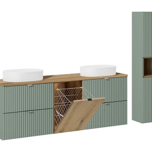 Dubbele wastafel 160 cm met wasmand en zuil in Jadegroen en hout – Ronde wastafels Dubbele wastafel 160 cm met wasmand en zuil in Jadegroen en hout – Ronde wastafels